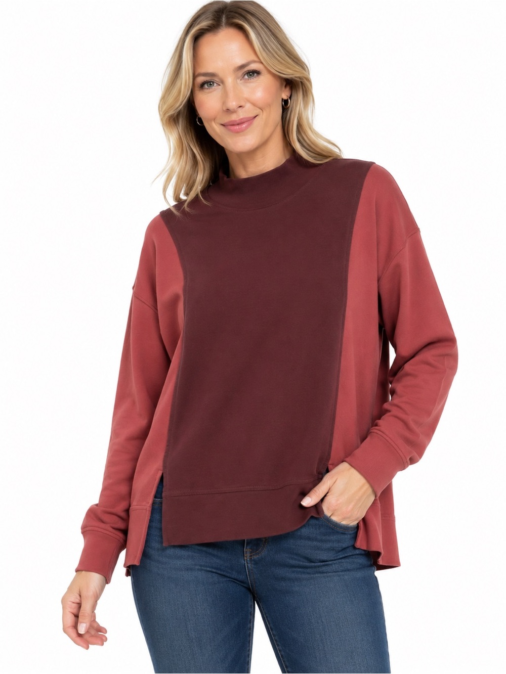 Womens Two-Tone Mock Neck Sweater - Rose/Burgundy - 1032